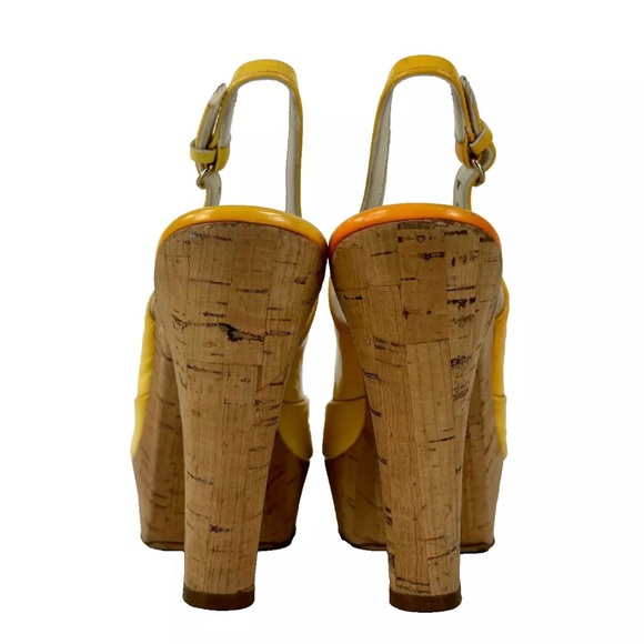 Gucci Auth 4.5 US 34.5 EU Yellow Patent Leather Peeptoe Cork Heels Shoes Runway - Picture 8 of 13